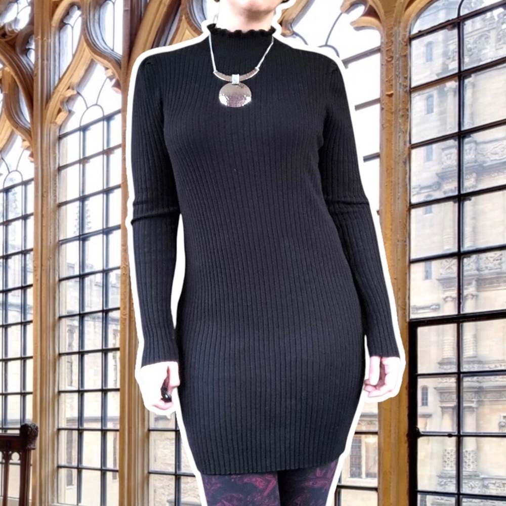 90s Style Macy's Little Black Bodycon Dress with Ribbing and Ruffled Turtleneck